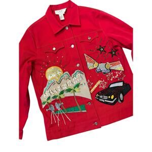 VTG 80's 90's Sequin Beaded HOLLYWOOD Red Jean Jacket L Oversized Rhinestone